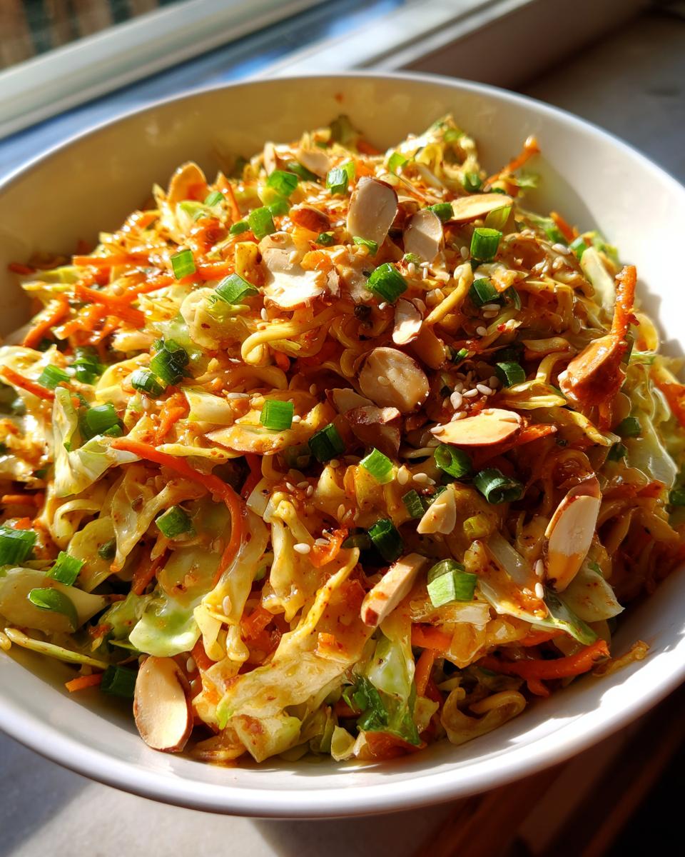 Close-up of a vibrant asian ramen noodle salad featuring cabbage, carrots, and topped with sliced almonds and green onions.