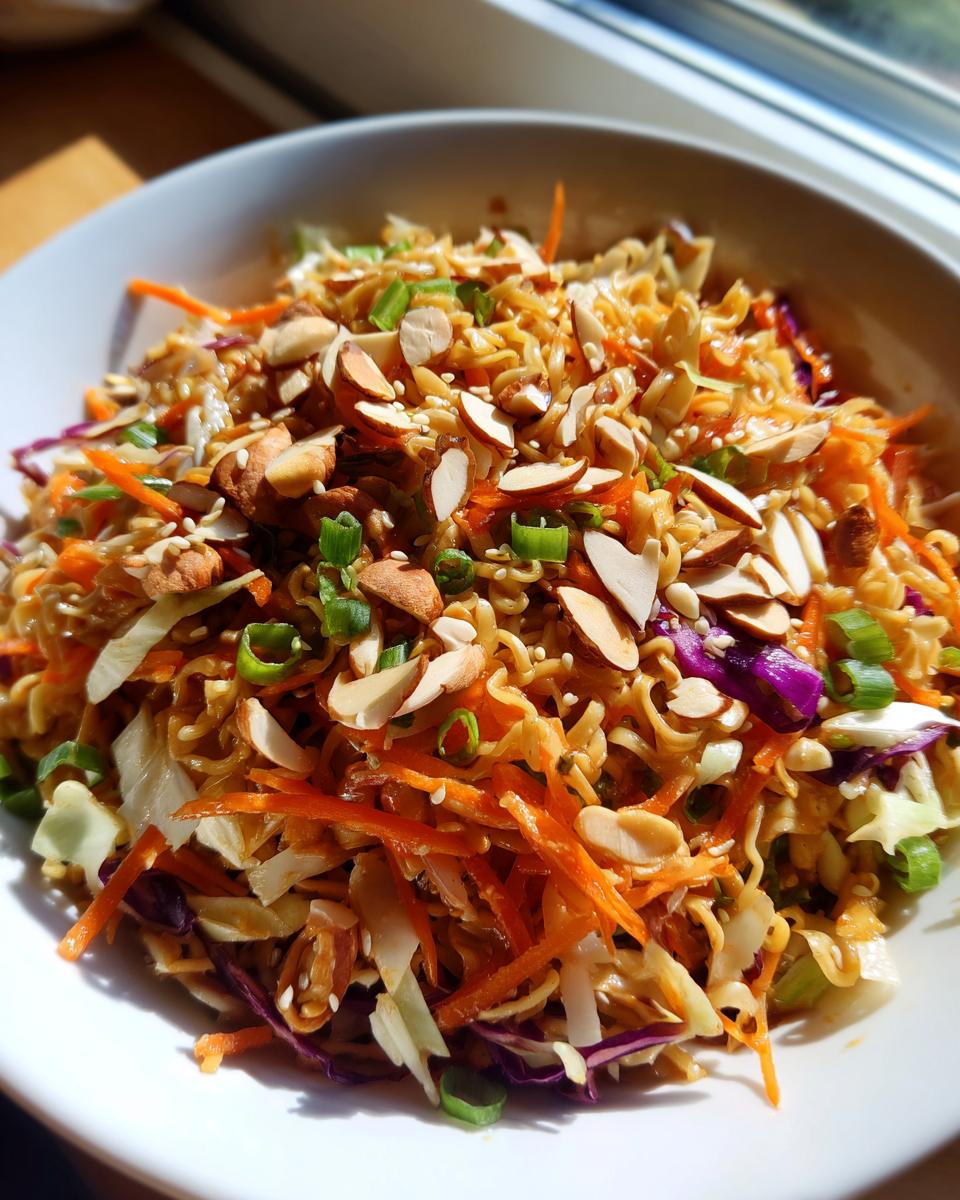 A close-up bowl of asian ramen noodle salad topped generously with slivered almonds and green onions.