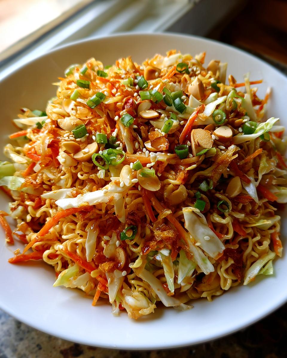 A vibrant bowl of asian ramen noodle salad featuring crunchy ramen pieces, shredded cabbage, carrots, and topped with peanuts and green onions.