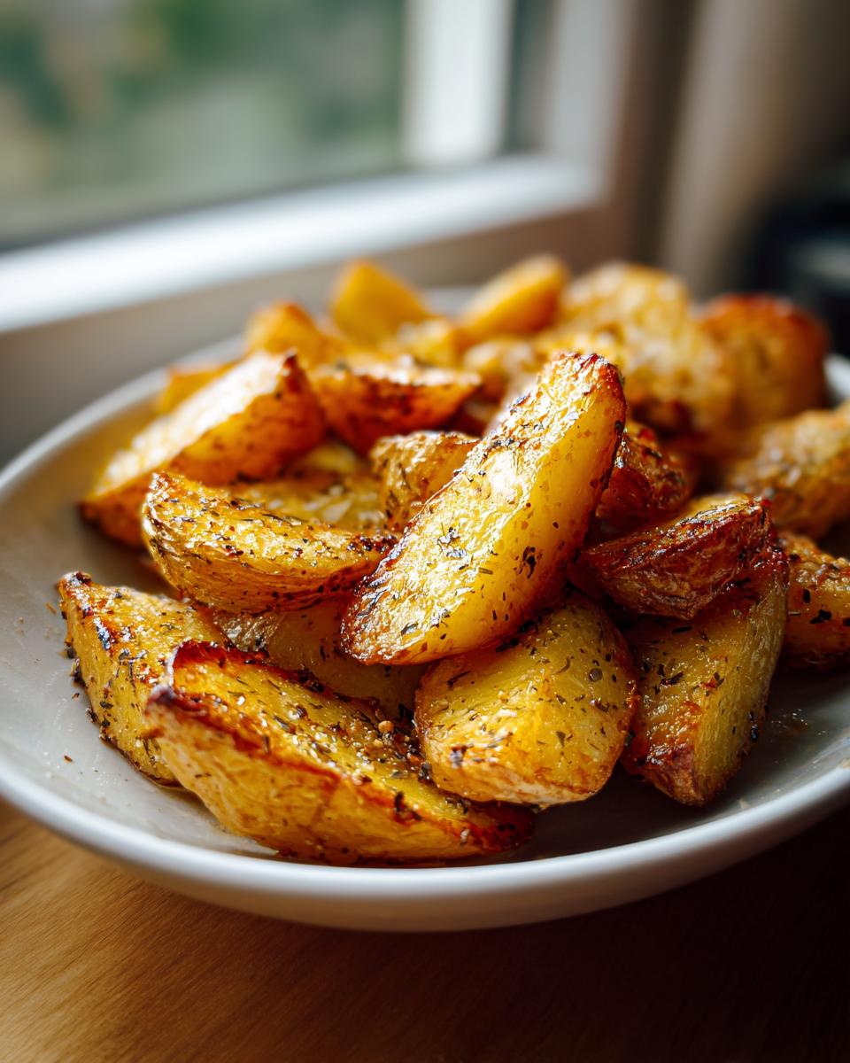Close-up of perfectly roasted, golden authentic greek potatoes seasoned with herbs in a white bowl.