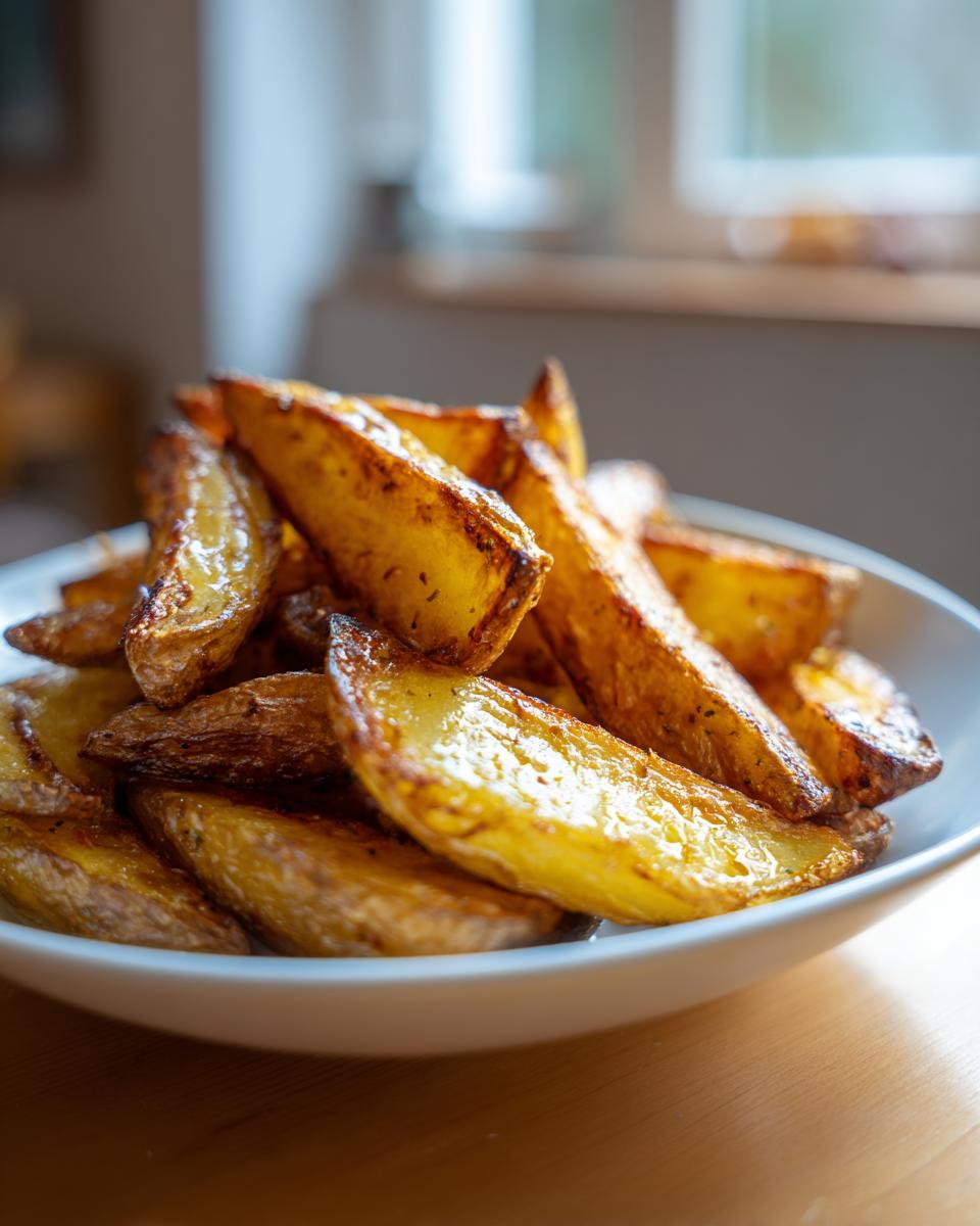 Close-up of a bowl filled with golden brown, crispy authentic greek potatoes wedges.