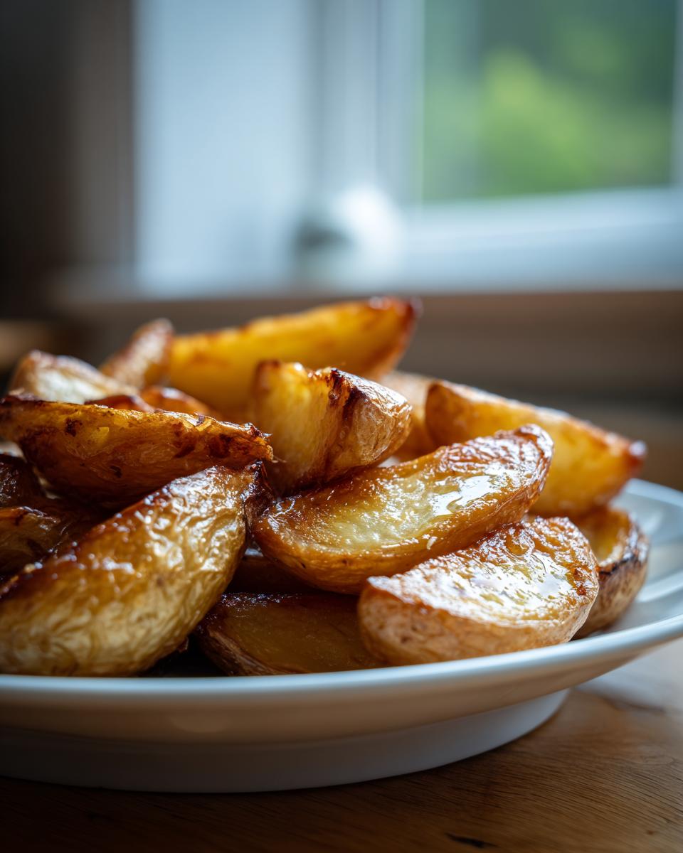 Close-up of crispy, golden roasted authentic greek potatoes wedges piled high on a white plate.