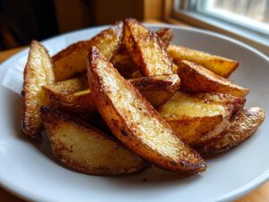 Close-up of perfectly roasted, golden brown authentic greek potatoes wedges piled high on a white plate.