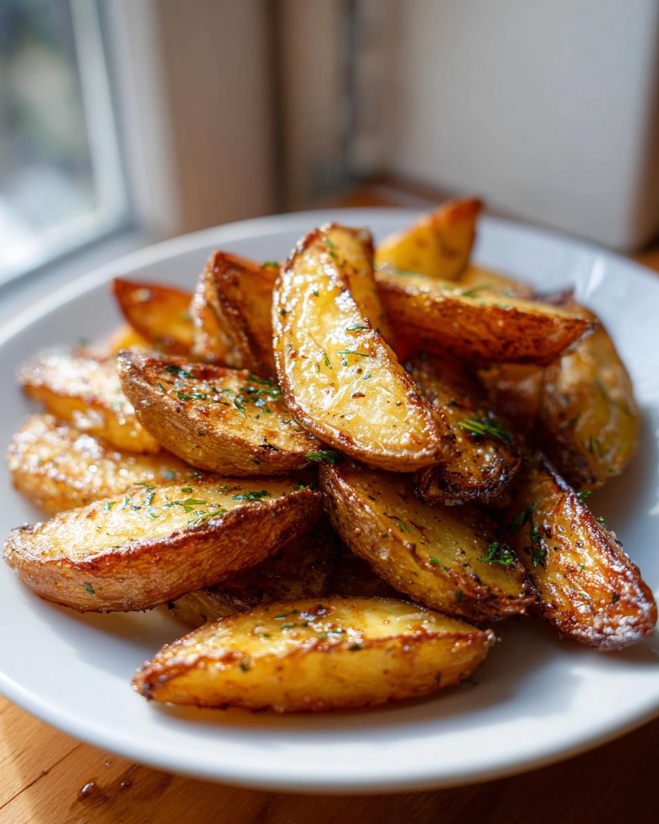 A close-up of perfectly roasted authentic greek potatoes wedges seasoned with herbs on a white plate.