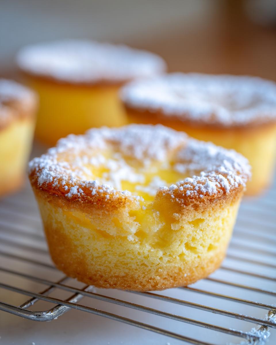 A close-up of a freshly baked baby lemon impossible pie dusted with powdered sugar, resting on a cooling rack.