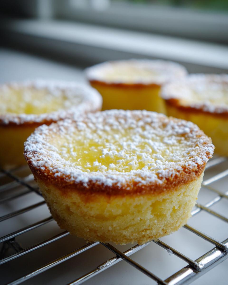 A close-up of one of the delicious baby lemon impossible pies dusted with powdered sugar, resting on a cooling rack.