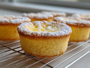 Close-up of individual baby lemon impossible pies cooling on a wire rack, dusted with powdered sugar.