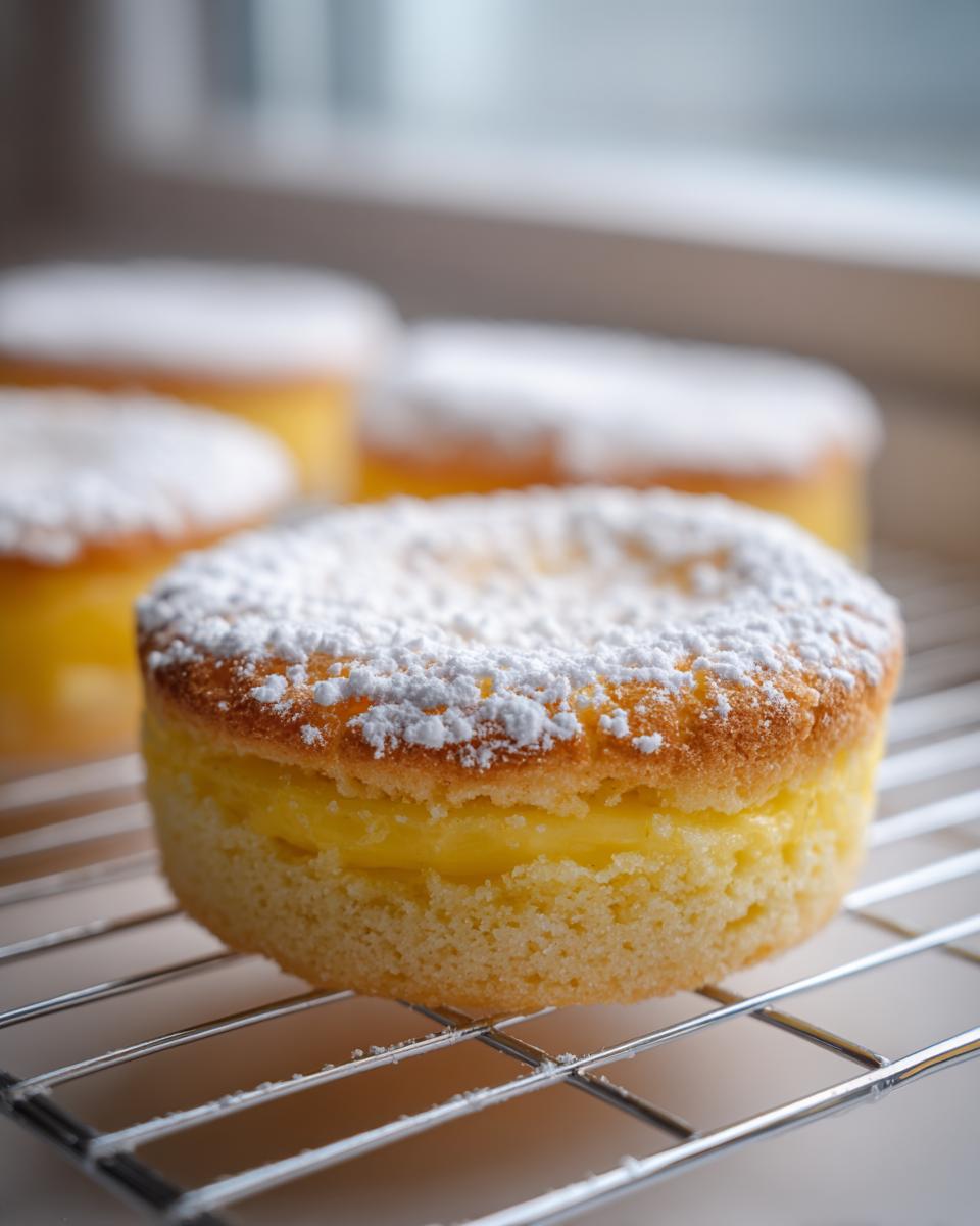 A close-up of one of the baby lemon impossible pies, featuring a layer of bright yellow filling between sponge cake and dusted with powdered sugar.