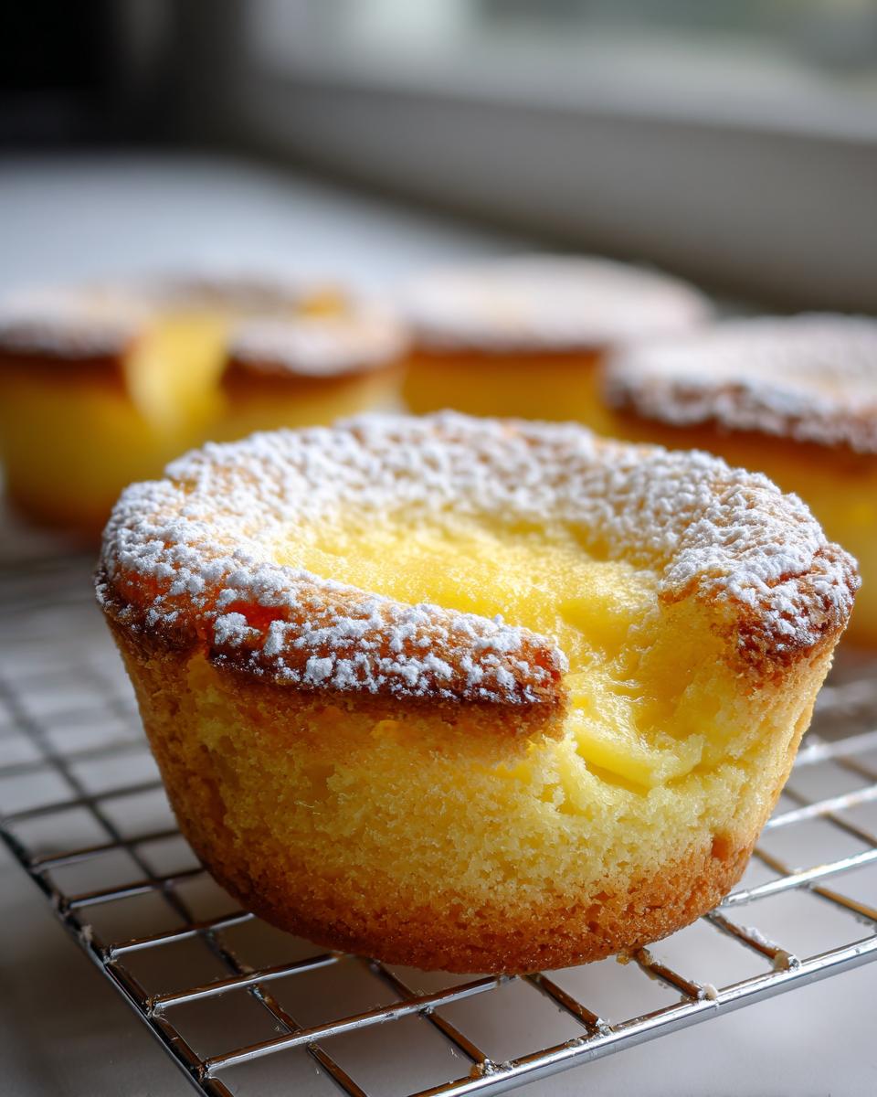 A close-up of one of the baby lemon impossible pies, dusted with powdered sugar, resting on a cooling rack.