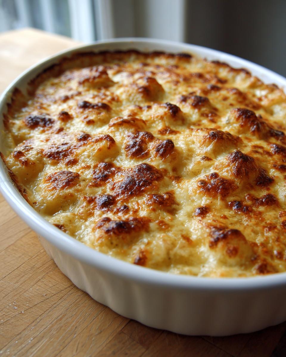 Close-up of golden brown, bubbly cheese topping on baked french onion gnocchi in a white oval baking dish.