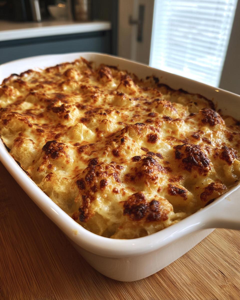 A close-up of baked french onion gnocchi, bubbling hot with a deeply browned, cheesy crust in a white baking dish.
