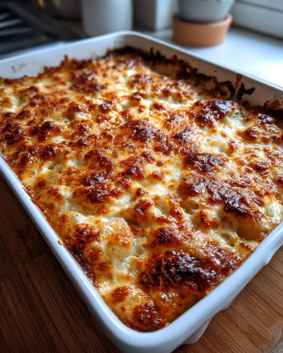 Close-up of a white baking dish filled with bubbling, cheesy baked french onion gnocchi with a deeply browned, golden crust.