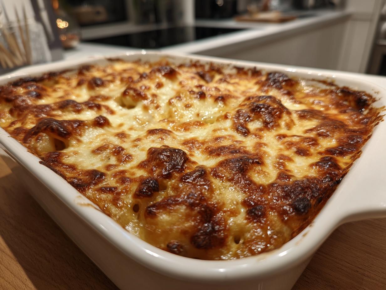 Close-up of a white baking dish filled with bubbling, golden-brown baked french onion gnocchi topped with melted, caramelized cheese.
