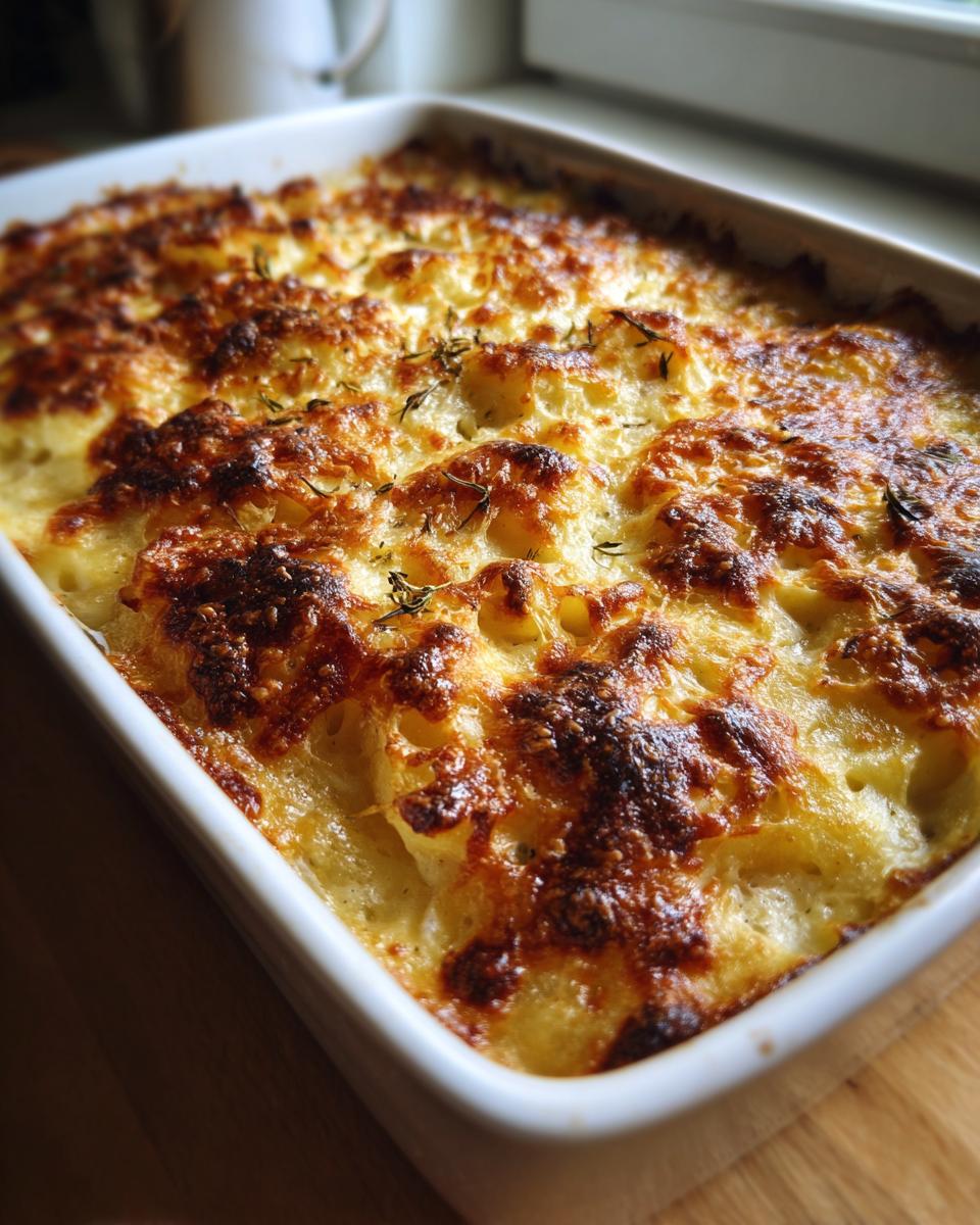 Close-up of golden brown, bubbly cheese topping on baked french onion gnocchi in a white baking dish.