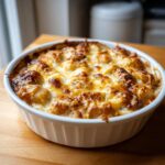 Close-up of baked french onion gnocchi bubbling with melted, browned cheese in a white ceramic baking dish.
