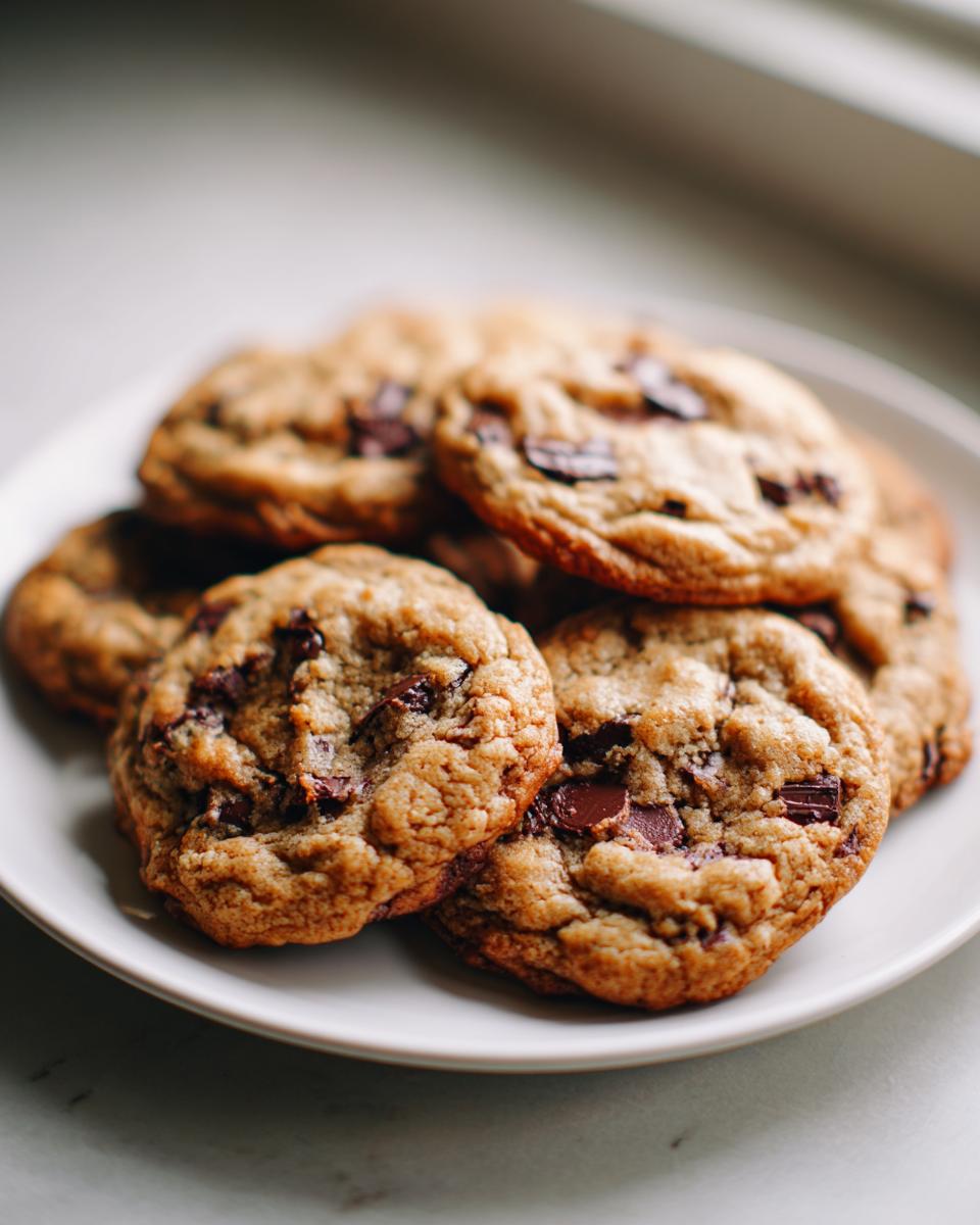 A close-up of several soft, chewy banana bread cookies loaded with chocolate chunks, piled on a white plate.