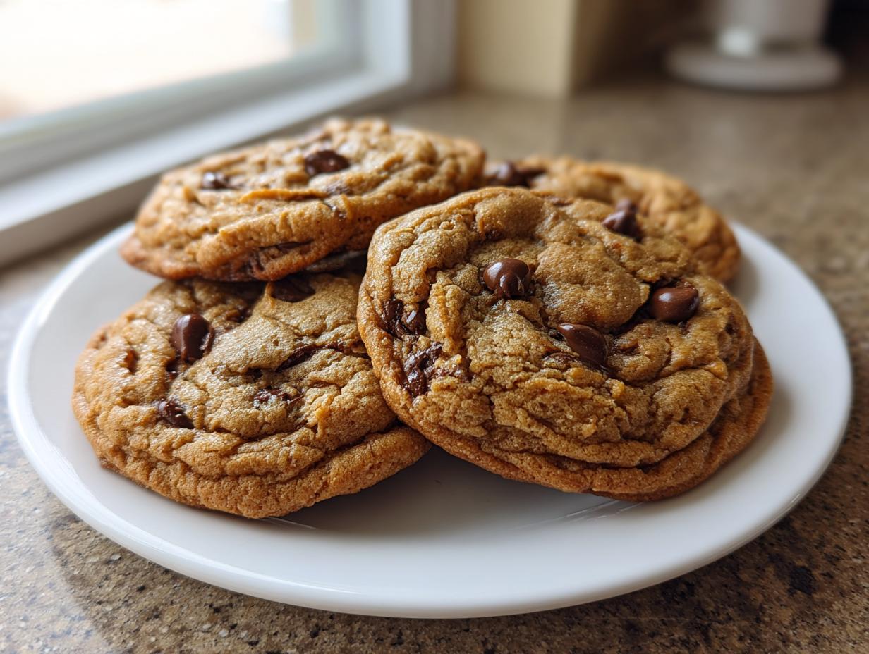 A stack of four soft, chewy banana bread cookies loaded with chocolate chips, served on a white plate.