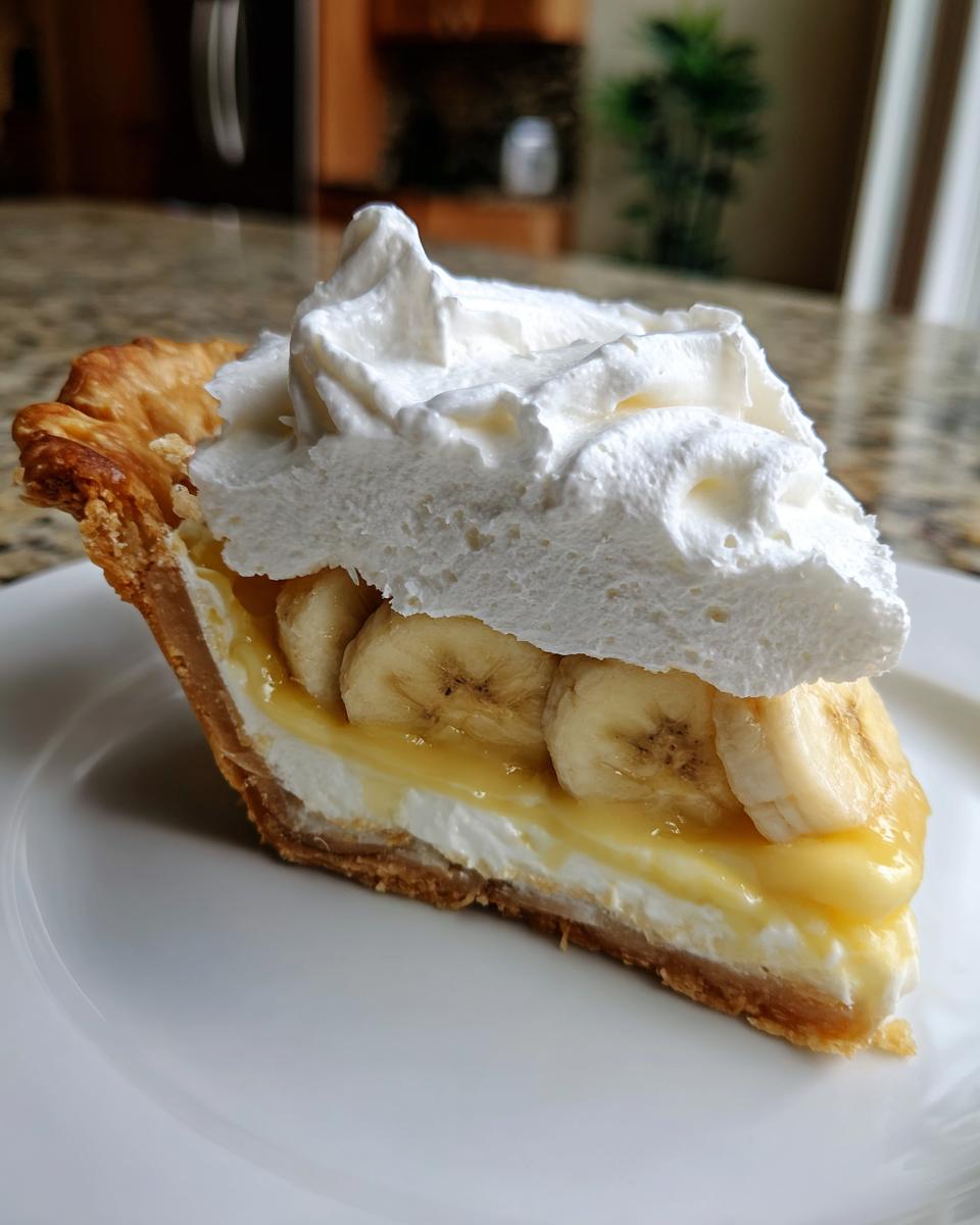 A perfect slice of banana cream pie recipe showing layers of flaky crust, custard, banana slices, and tall whipped cream.