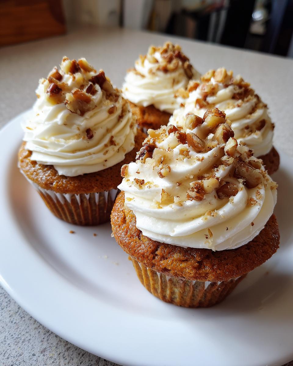 Four perfectly frosted banana walnut cupcakes topped with a swirl of cream cheese frosting and chopped walnuts.