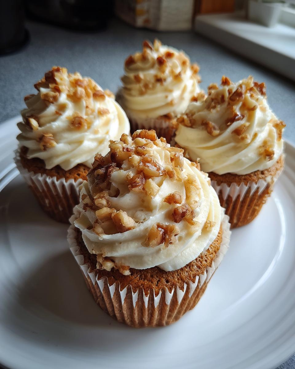 Four freshly baked banana walnut cupcakes topped with swirls of cream cheese frosting and chopped walnuts.