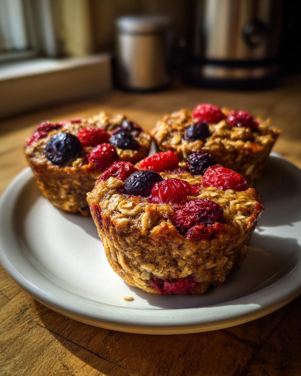 Three golden brown baked oatmeal cups topped with fresh raspberries and blueberries, sitting on a white plate.