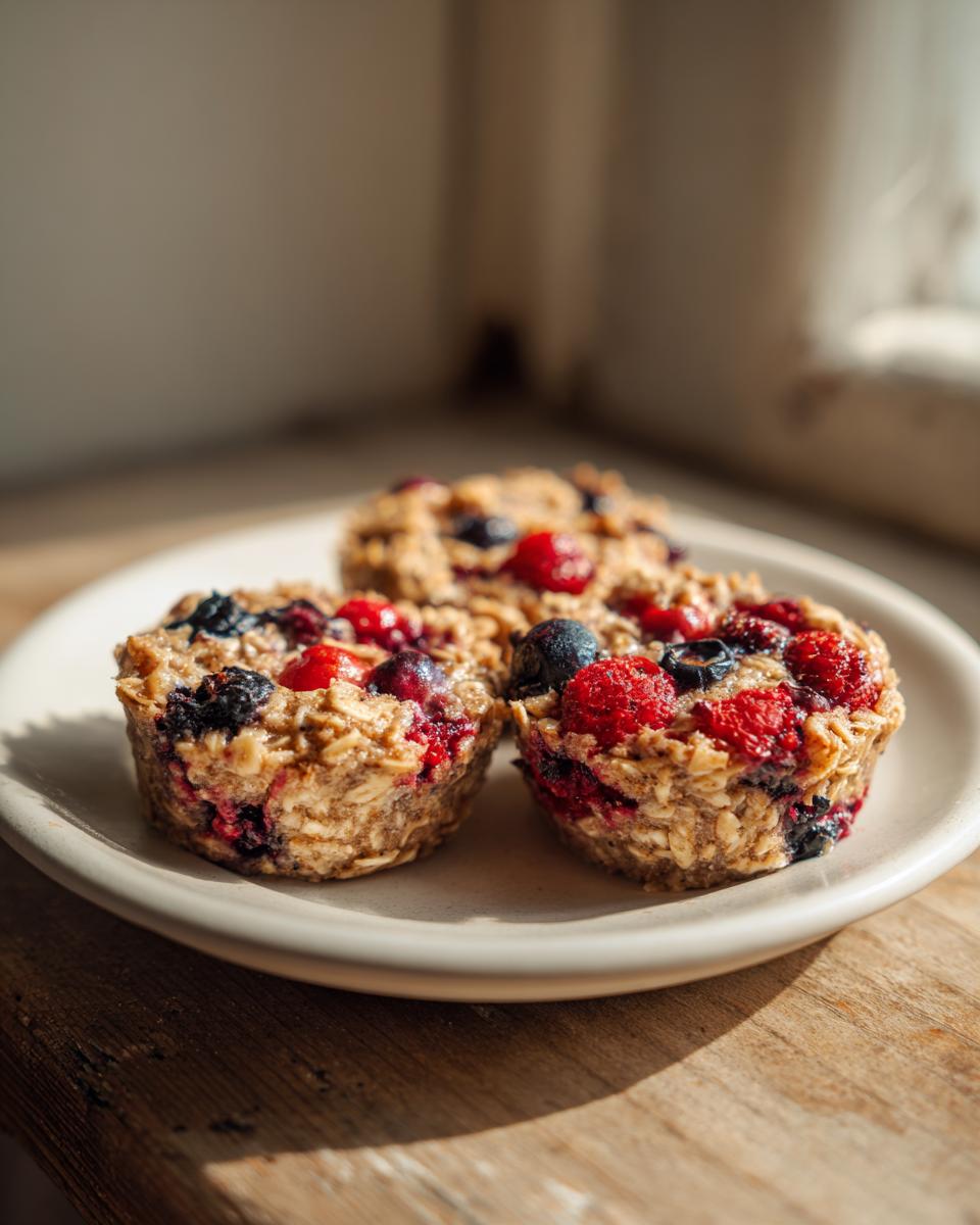 Three freshly baked oatmeal cups topped with mixed berries, sitting on a light plate.