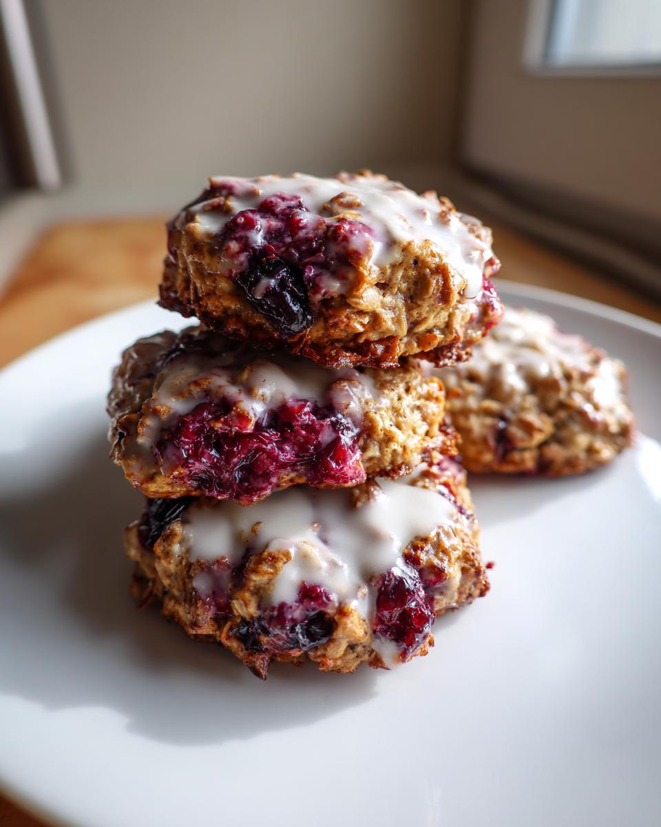 A stack of three moist berry iced oatmeal cookies topped with a sweet white glaze.