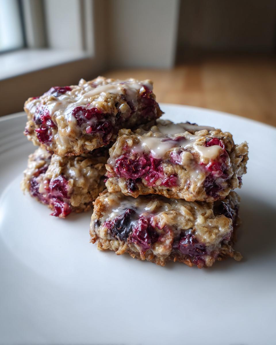 A stack of three square berry iced oatmeal cookies, rich with visible berries and topped with a light glaze.