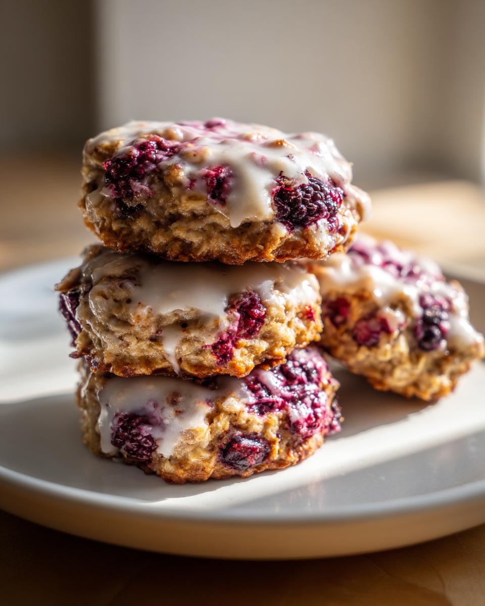 Three stacked berry iced oatmeal cookies topped with a thick white glaze, featuring visible whole berries.