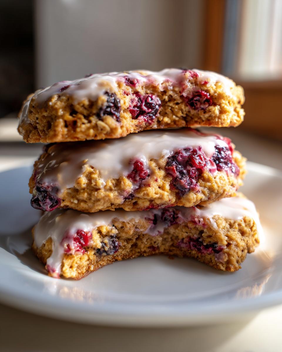 A stack of three thick berry iced oatmeal cookies, showing the interior packed with berries and topped with white glaze.