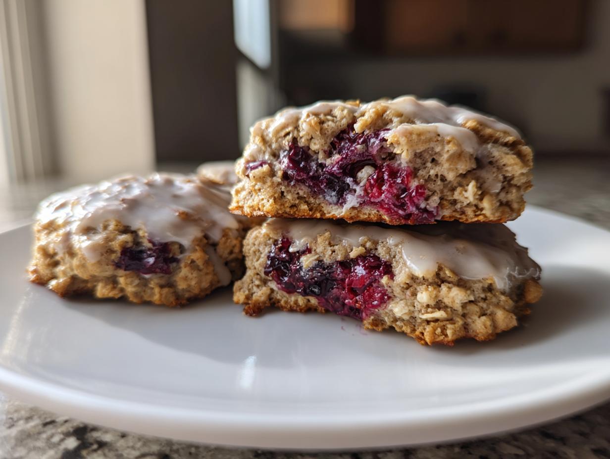 Close-up of stacked berry iced oatmeal cookies showing the moist interior filled with bright red berries and topped with a white glaze.