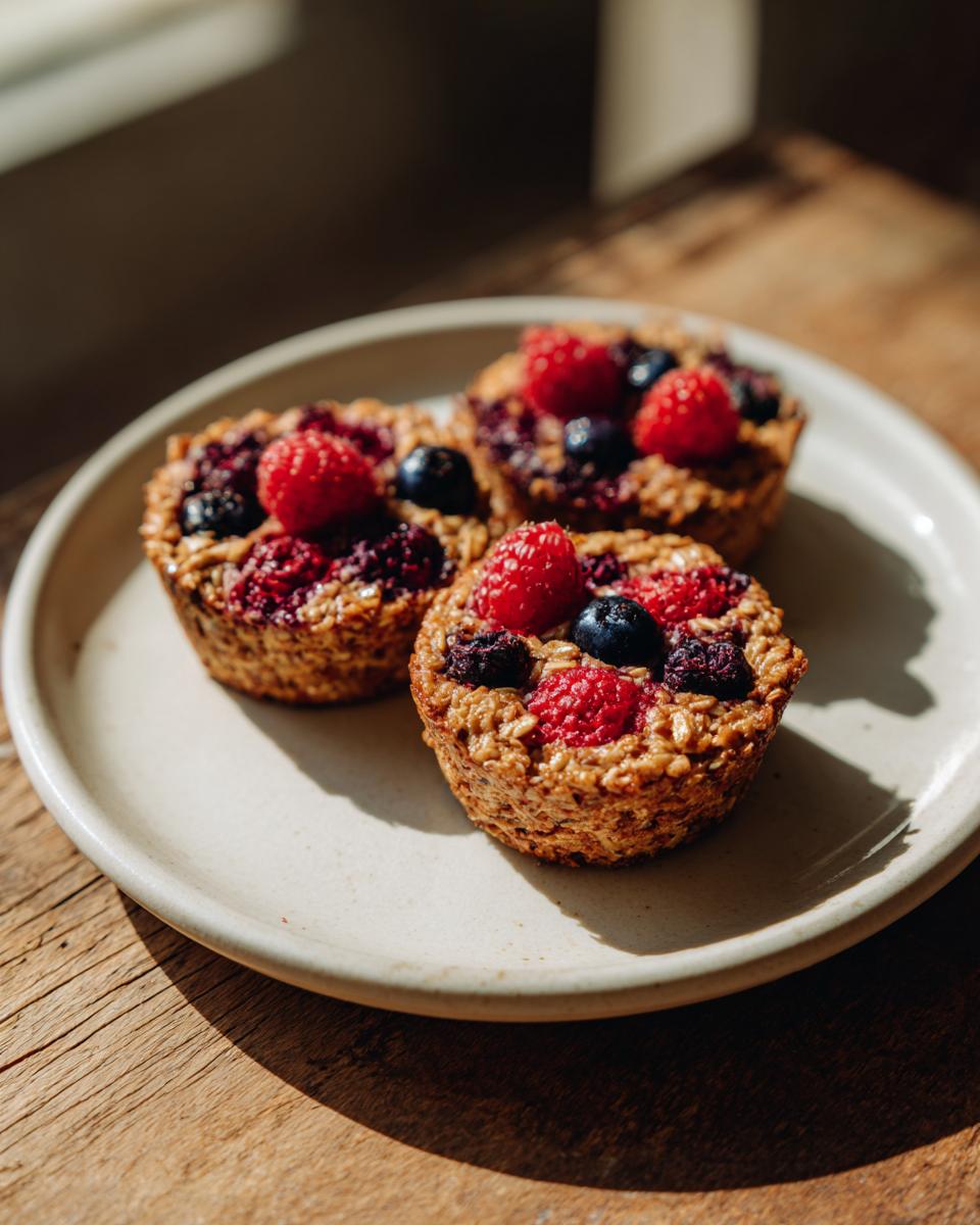 Three freshly baked oatmeal cups topped with raspberries and blueberries sitting on a light ceramic plate.