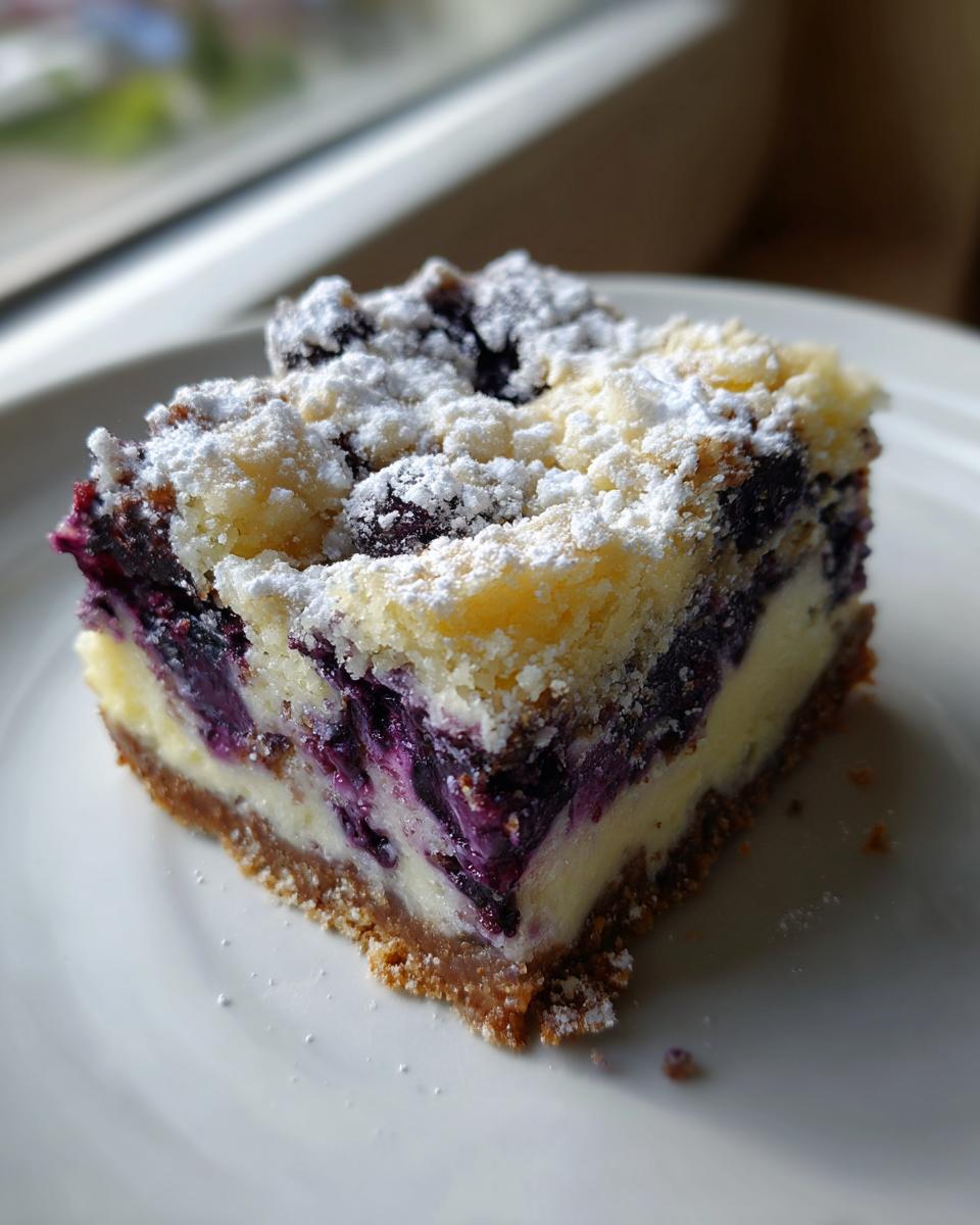 A single square of blueberry cream cheese cake squares with a crumb topping and powdered sugar.