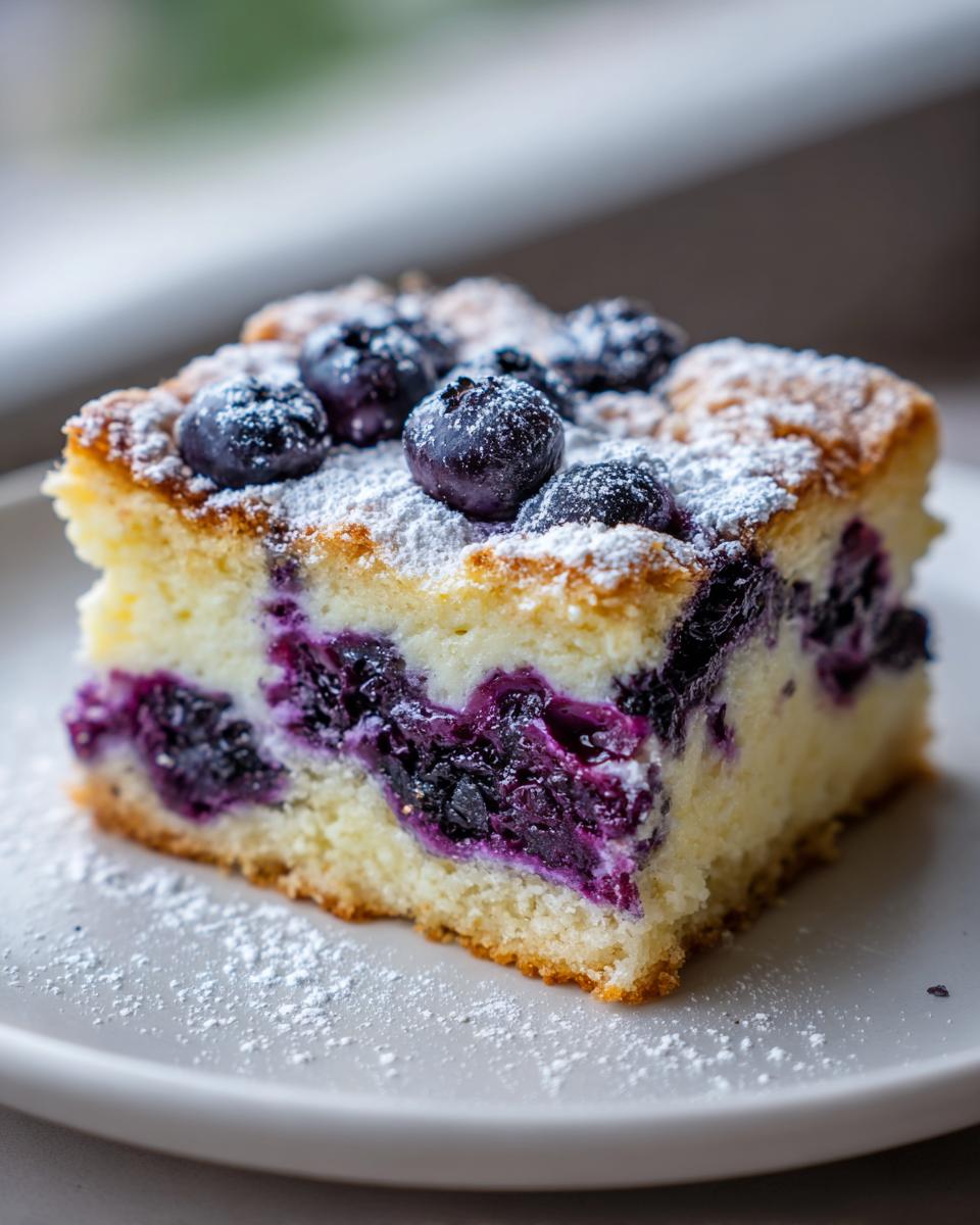 A single square of blueberry cream cheese cake squares, topped with fresh blueberries and powdered sugar.