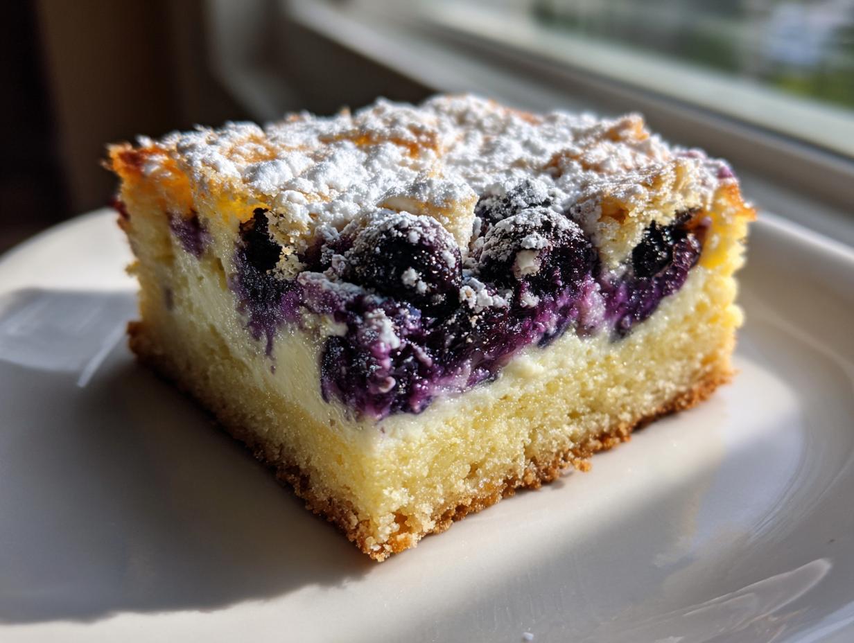 A close-up of a single serving of blueberry cream cheese cake squares, topped with powdered sugar.