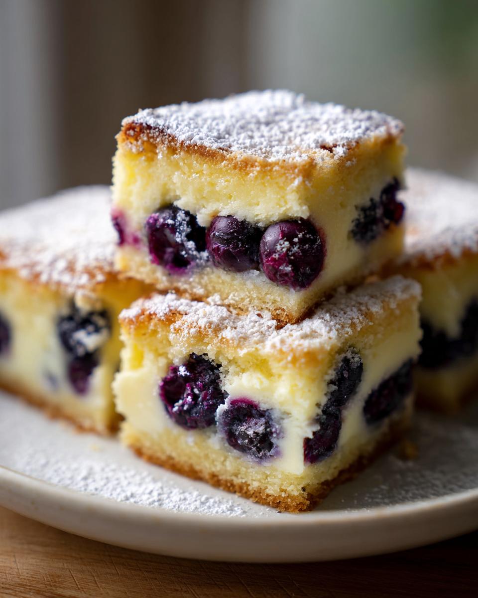 Close-up of stacked blueberry cream cheese cake squares dusted with powdered sugar.