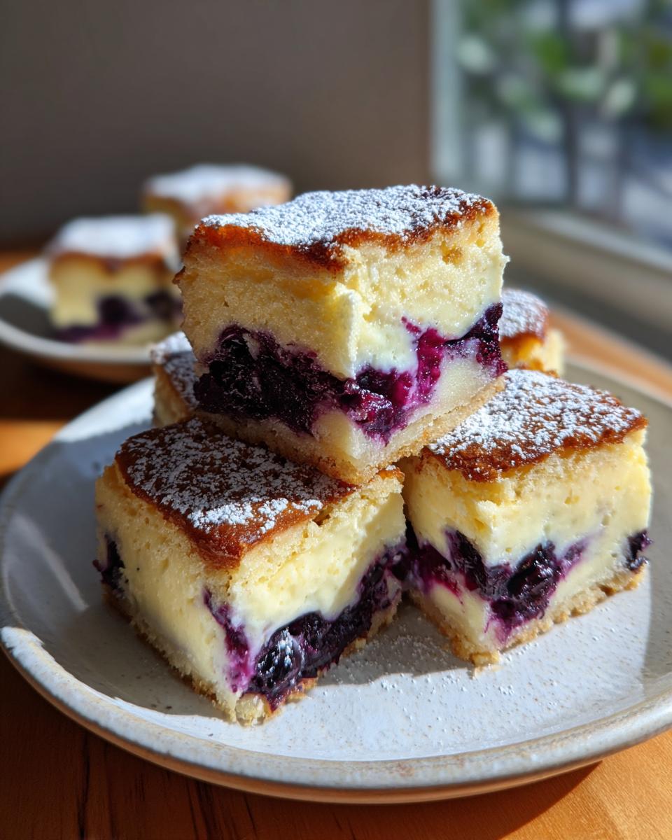 A stack of three rich blueberry cream cheese cake squares dusted with powdered sugar on a plate.