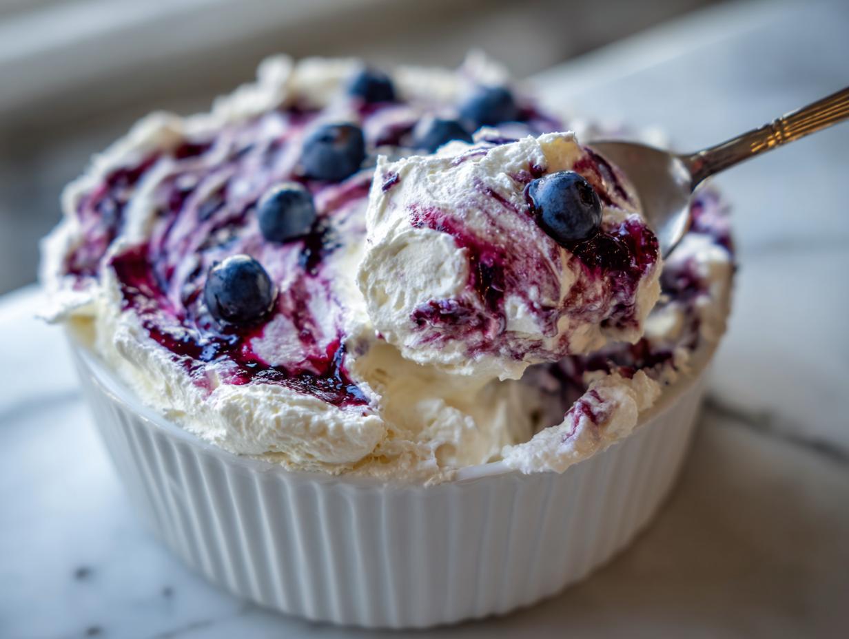 A spoonful being lifted from a white bowl filled with creamy blueberry fluff salad topped with blueberry sauce and fresh berries.
