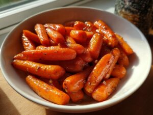 A white bowl filled with glistening, glazed honey roasted carrots, highlighted by bright sunlight.