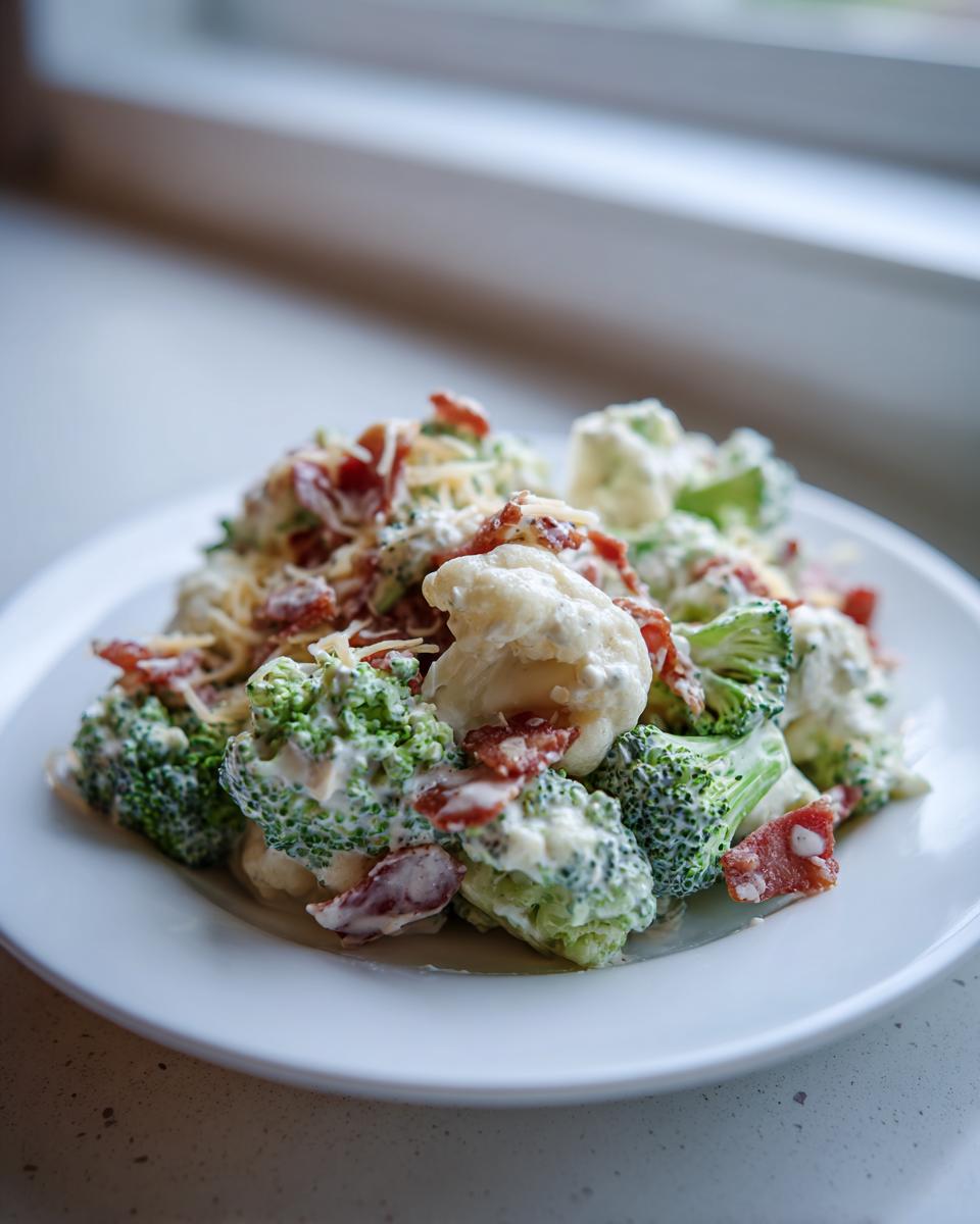 A close-up of a serving of creamy broccoli cauliflower salad topped with shredded cheese and bacon bits.