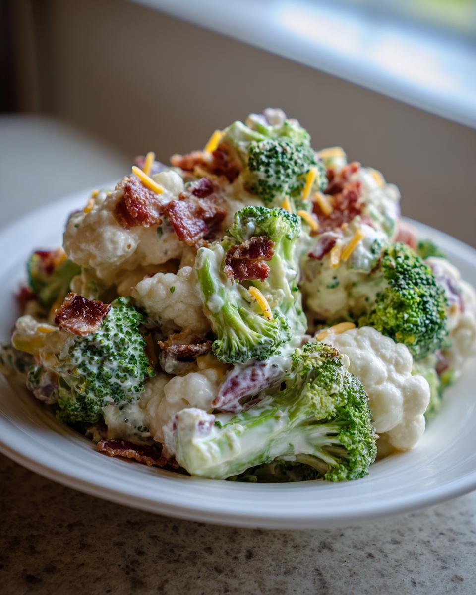 A close-up of a creamy broccoli cauliflower salad topped with bacon bits and shredded cheese.