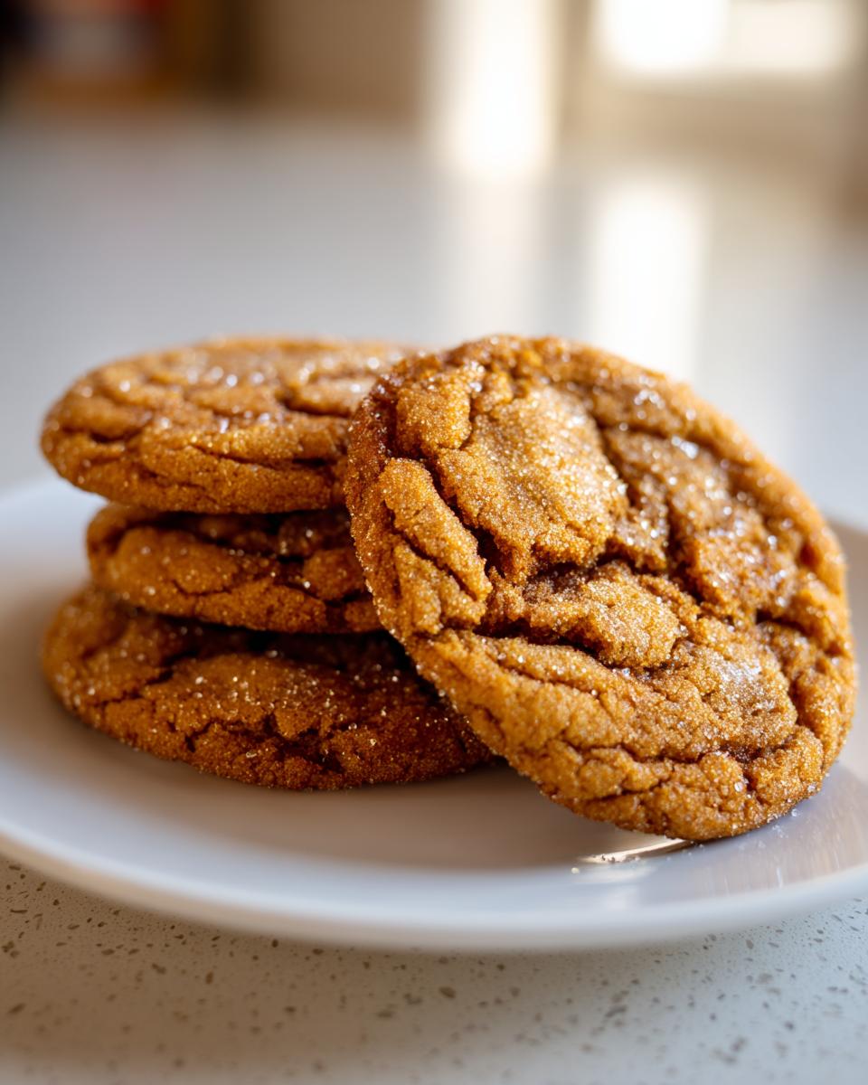 A stack of three chewy brown butter sugar cookies, coated in sparkling sugar, resting on a white plate.