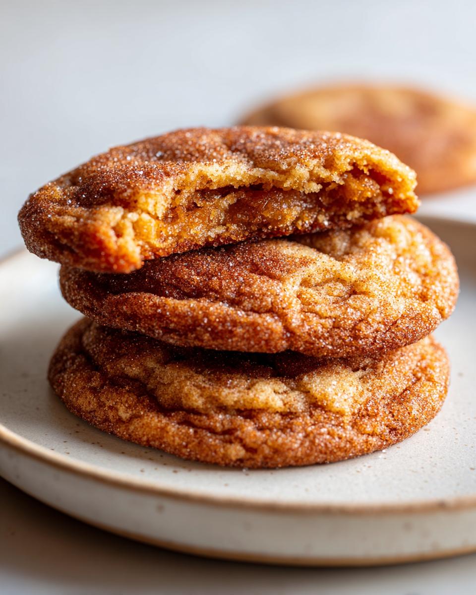 A stack of three soft, chewy brown butter sugar cookies coated in cinnamon sugar, with the top cookie broken open.