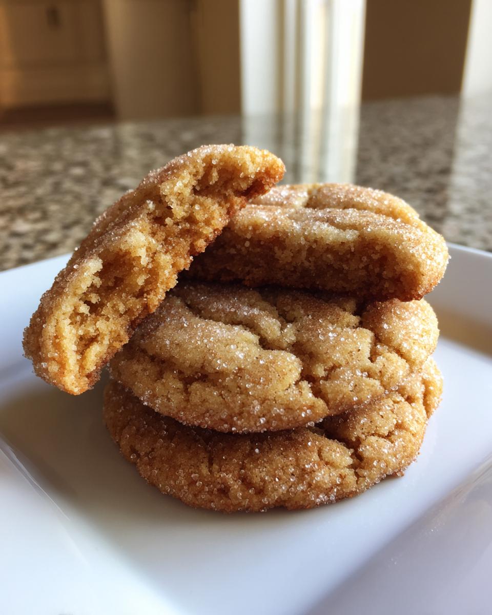 A stack of three chewy brown butter sugar cookies, one broken open to show the soft interior, coated in sparkling sugar.