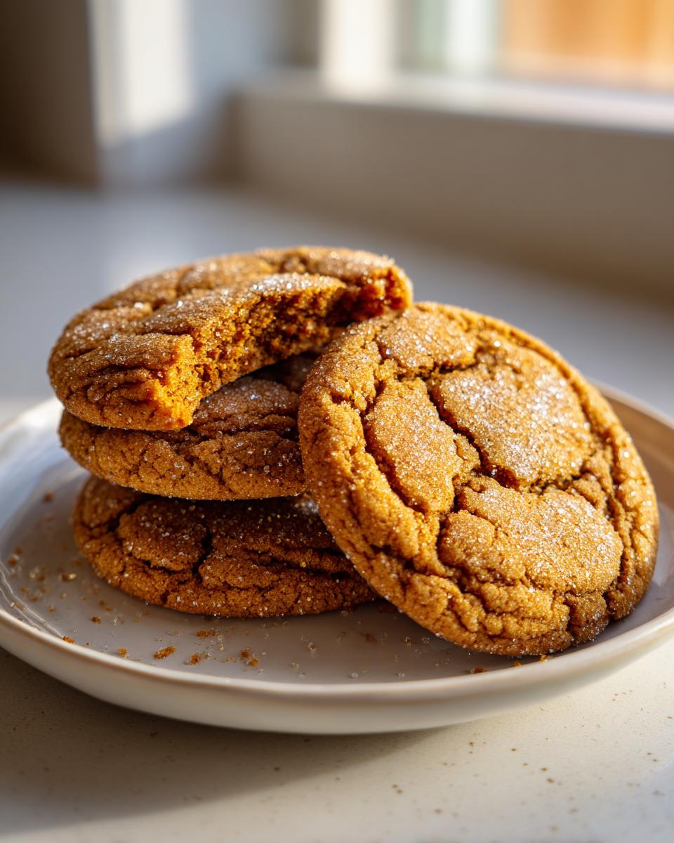 A stack of four chewy brown butter sugar cookies, coated in sparkling sugar, with one cookie broken open.