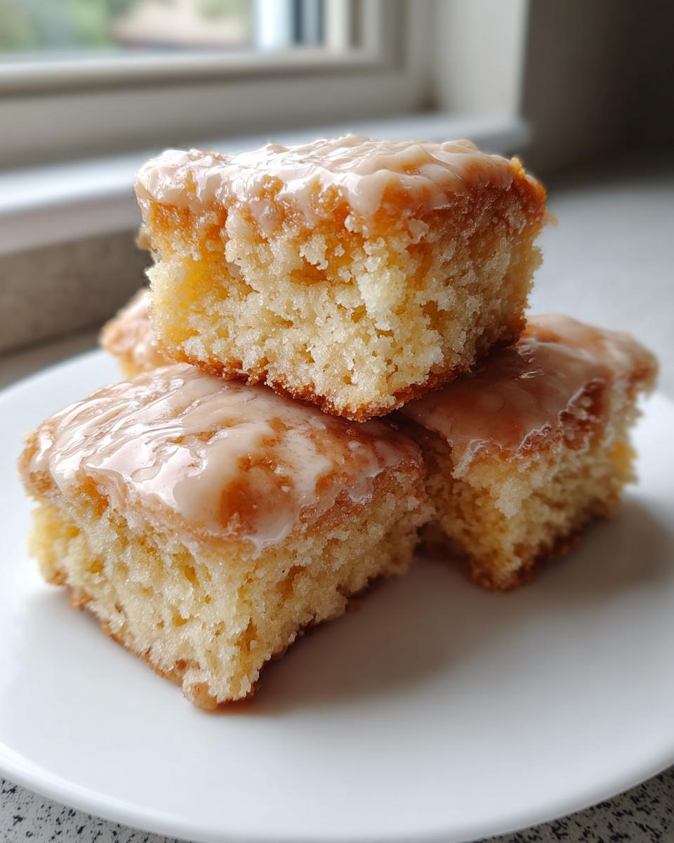 Three squares of soft buttermilk donut bars stacked on a white plate, topped with a shiny vanilla glaze.