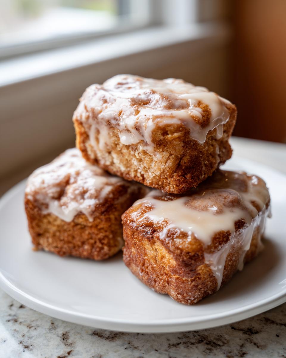 Three square buttermilk donut bars stacked on a white plate, topped with a thick white glaze.