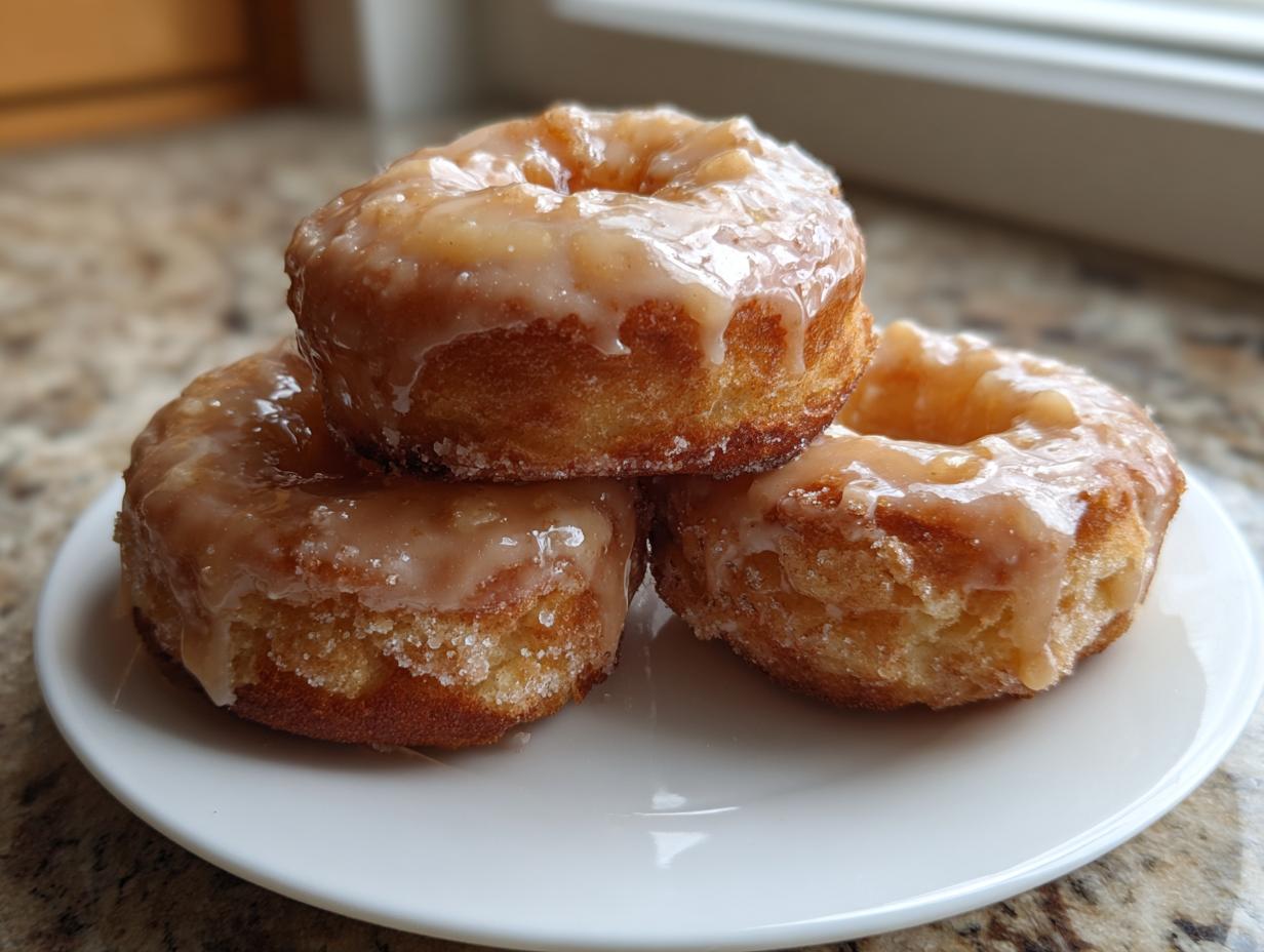 Three golden-brown buttermilk donut bars stacked on a white plate, covered in a thick, sweet glaze.