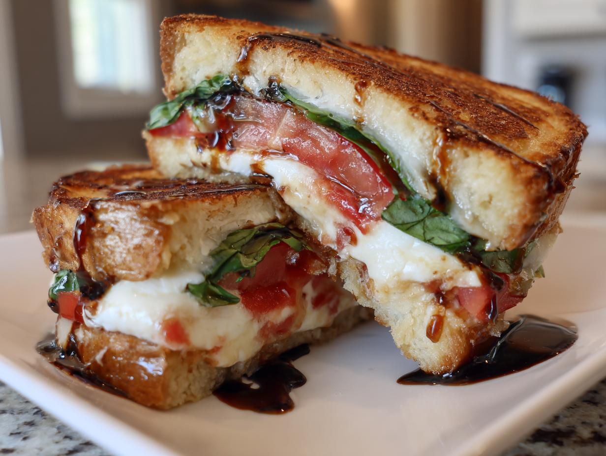 A grilled caprese breakfast sandwich cut in half, showing melted mozzarella, tomatoes, basil, and balsamic glaze.