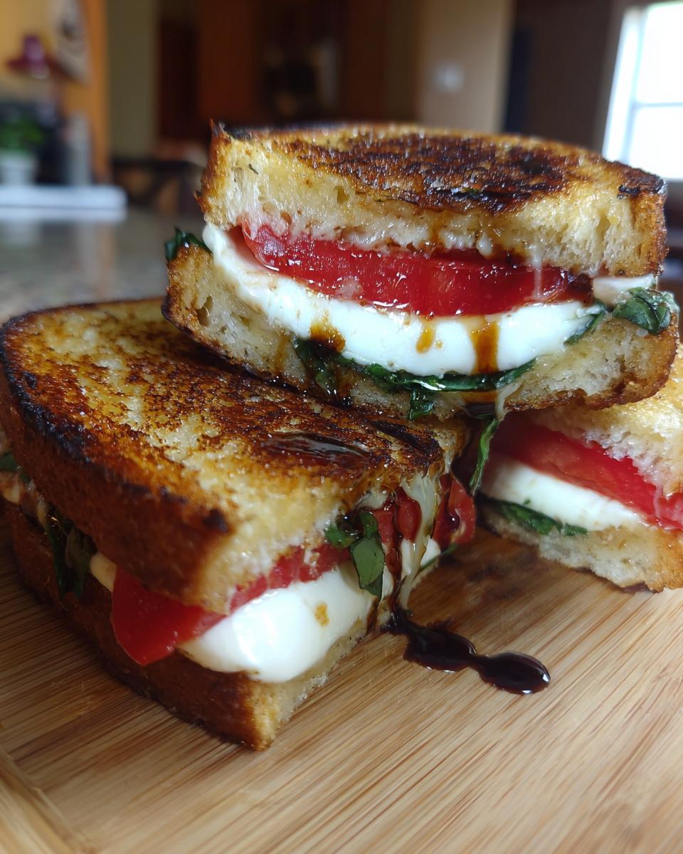 Close-up of a grilled caprese breakfast sandwich cut in half, showing melted mozzarella, tomato, and basil drizzled with balsamic glaze.